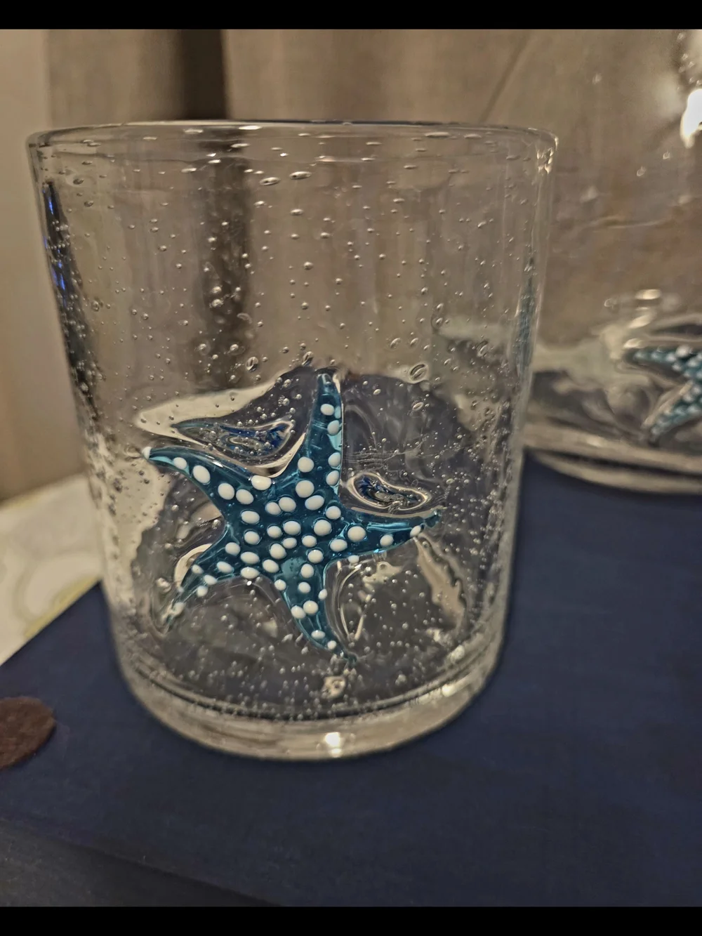 HANDBLOWN GLASS AQUA STARFISH PITCHER & TUMBLERS